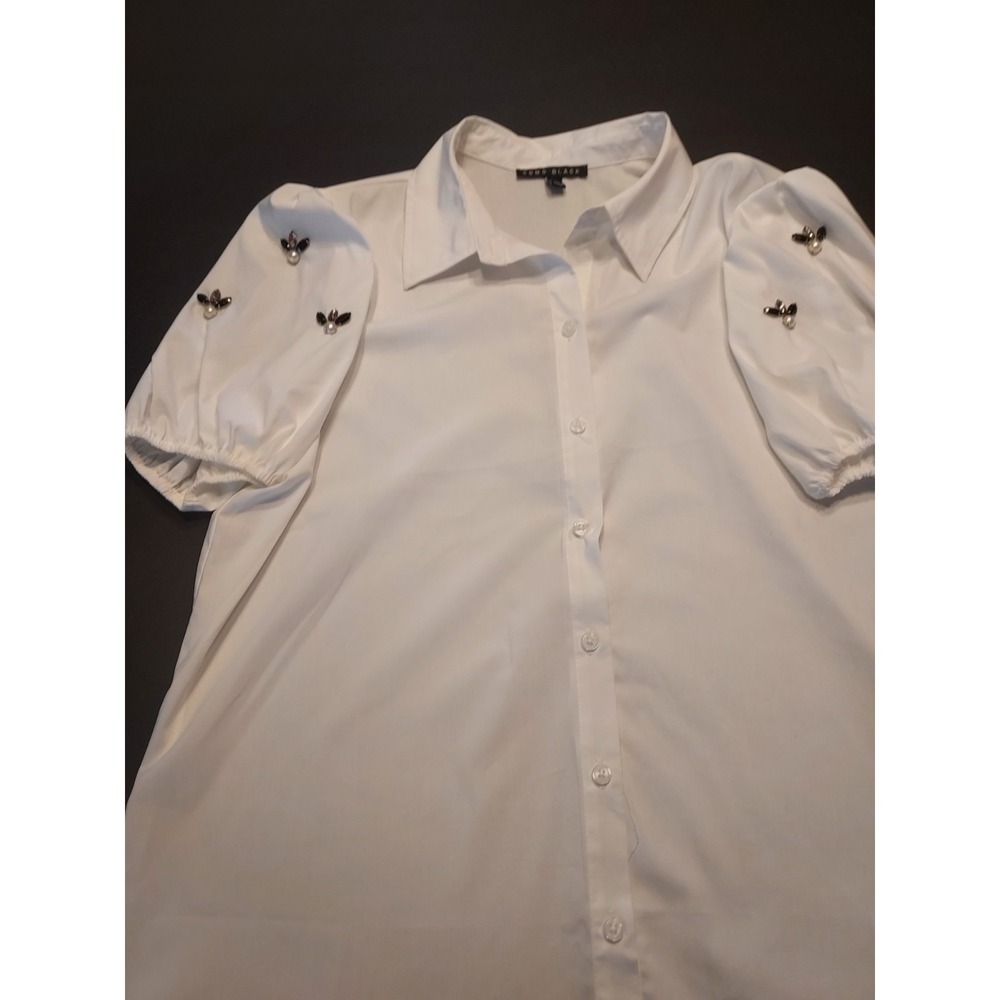 Como black ‎ and white blouse puff short sleeves gem embellished design